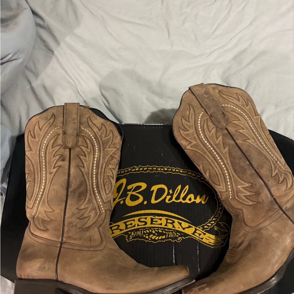J.B. Dillon Tan Leather Western Cowboy Boots with Embroidered Shaft